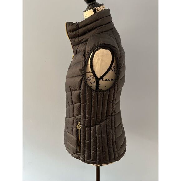 Michael Michael Kors Women’s Size M Dark Gray Puffer Vest Jacket Full Zip Gold - Picture 5 of 11
